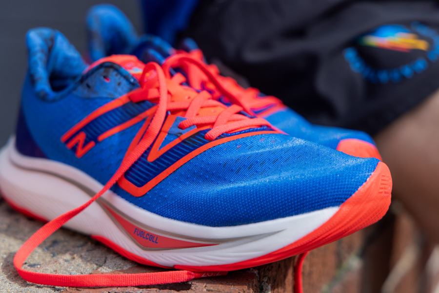 Close detail of blue and red race shoe