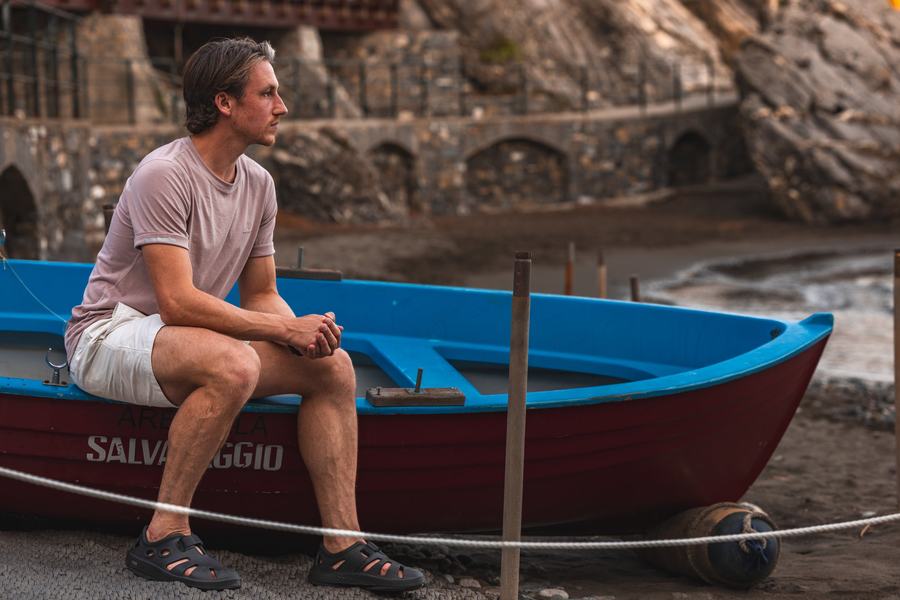 In the blue boat