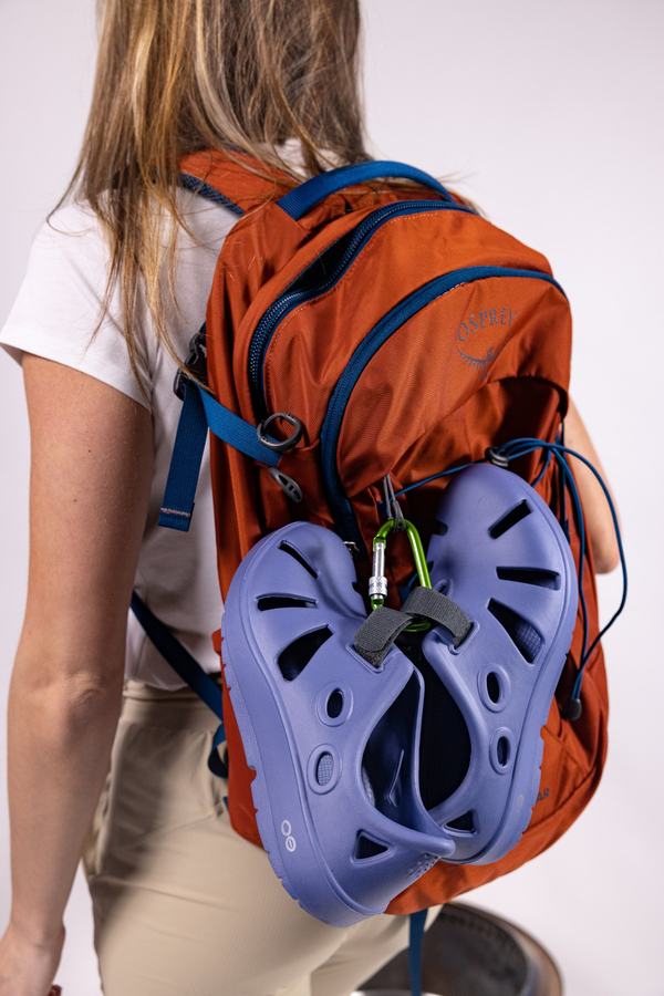 Purple sandal strapped to a backpack