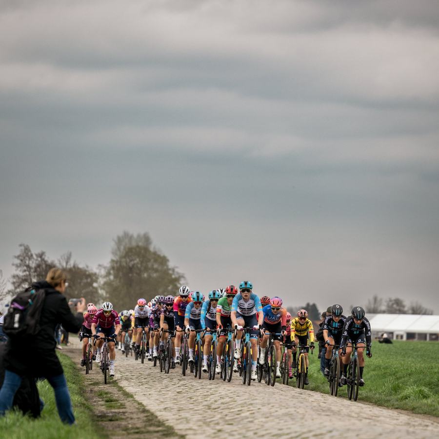 The peloton on the cobbles, crowd along the edge