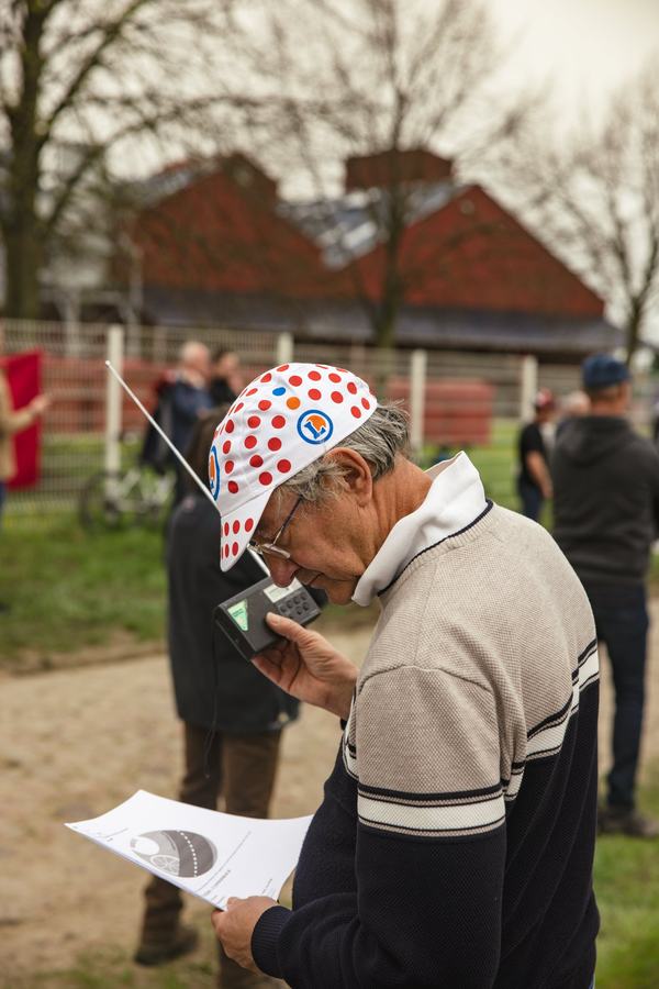 Reading the route in a polka-dot cap