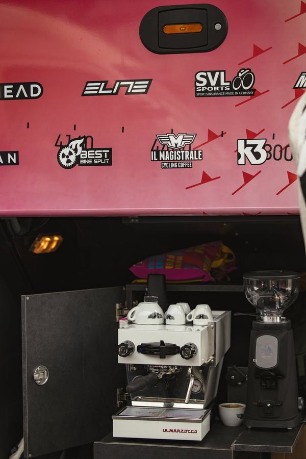 The espresso machine in the team truck