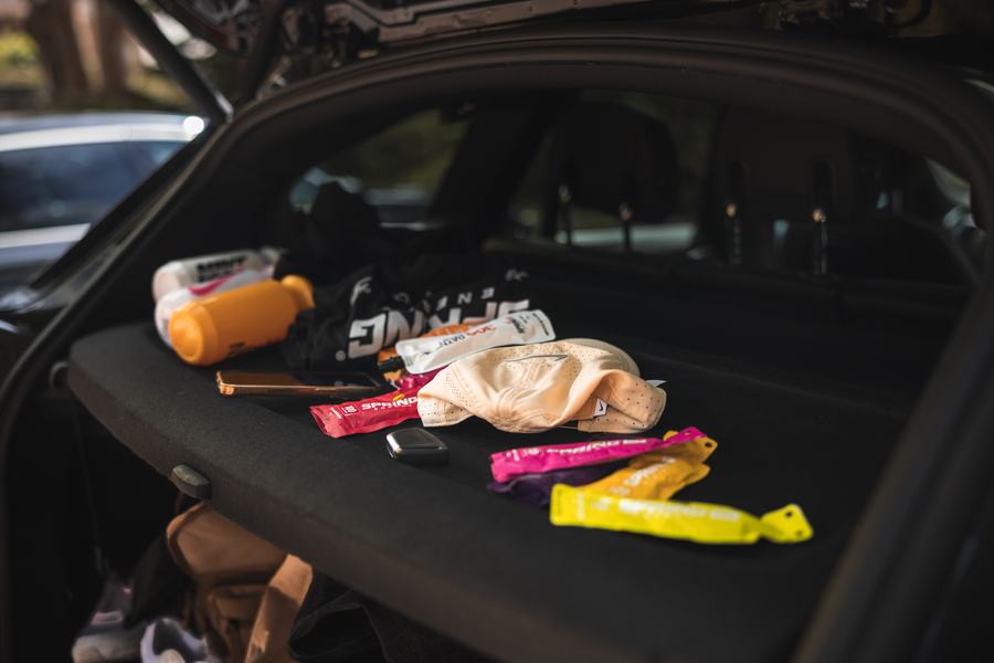 Product laid out in the back of the car
